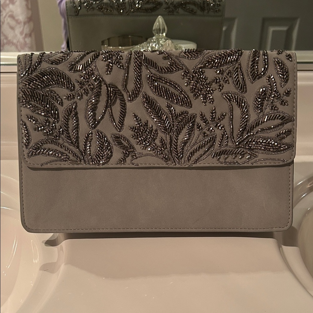Abercrombie and Fitch gray beaded clutch